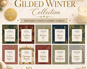 Etiquetas de Velas com Tema de Inverno Dourado | Modelos de Natal Editáveis no Canva (Download Digital)