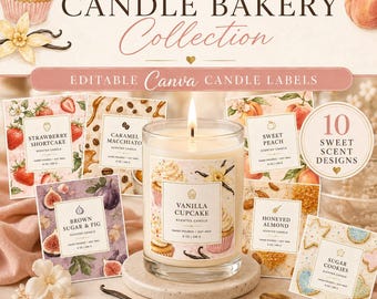Etiquetas editáveis para velas em Canva, 10 designs com aromas de confeitaria (Download digital)