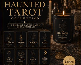 Etiquetas para velas de tarô assombradas | Modelo de Halloween bruxo para Canva (Download digital)