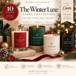 May include: A collection of four glass candles with labels reading Cranberry Noel, Winter Fir, Snowfall, and Midnight Mistletoe. The labels feature text, icons, and the dimensions 7.62 x 10.16 cm. The candles are displayed with holiday decor.