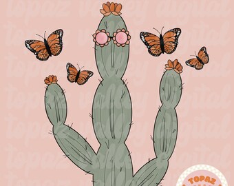Groovy Cactus Butterfly PNG - design digital download, groovy cacti png, monarch buttery fly png, arizona cactus png, sunglasses cactus png