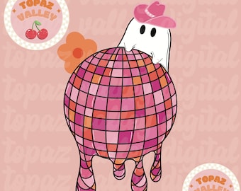 Retro melting disco ball ghost png - cowgirl ghost png, halloween disco png, southern ghost, disco balls, pink halloween, spooky ghost