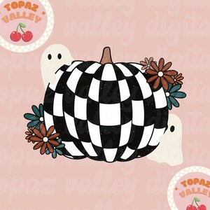 May include: A black and white checkered pumpkin with a stem and leaves. The pumpkin is surrounded by white ghosts and brown and blue flowers.