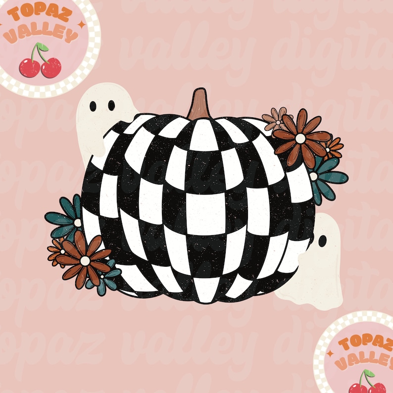 May include: A black and white checkered pumpkin with a stem and leaves. The pumpkin is surrounded by white ghosts and brown and blue flowers.