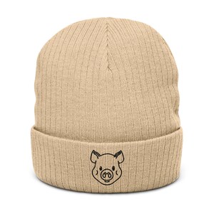 Cute Pig Beanie - Ribbed Knit Beanie with Pig Design