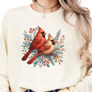 Comfort Colors Long Sleeve Bird Shirt, Pair of Red Cardinals Shirt, Graphic Bird Tee, Cardinal Lovers Gift, Artful Bird Shirt Gift, Xmas Tee