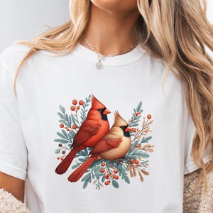 Comfort Colors Short Sleeve Bird Shirt, Pair of Red Cardinals Shirt, Graphic Bird Tee, Cardinal Lovers Gift, Artful Bird Shirt Gift, Xmas