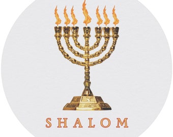 May include: A white circle with a gold menorah with seven flames and the word "SHALOM" in orange text.