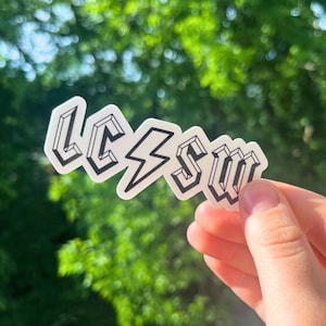 LCSW in ACDC font, thunderbolt, matte or holographic design, waterproof sticker, LCSW graduation gift, gift for therapist, gift for social worker