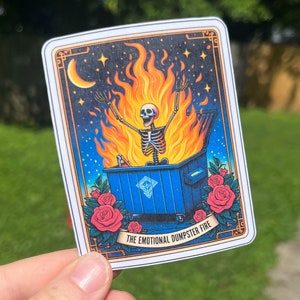 The Emotional Dumpster Fire Tarot Card Sticker, Skeleton Sticker, Funny Mental Health, Waterproof Sticker, Anxiety Sticker, Laptop Sticker