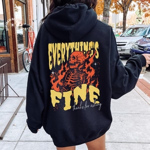 Alles fein Skeleton Hoodie, Übergroßes Y2K Sweatshirt, Grunge Flaming Skull Streetwear, Moto Edgy Rock N Roll, Vintage Grafik, Unisex