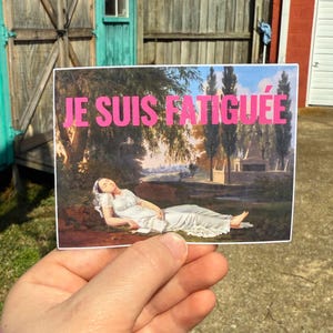 May include: A sticker with a painting of a woman lying down in a field. The text "JE SUIS FATIGUÉE" is printed in pink on the sticker.