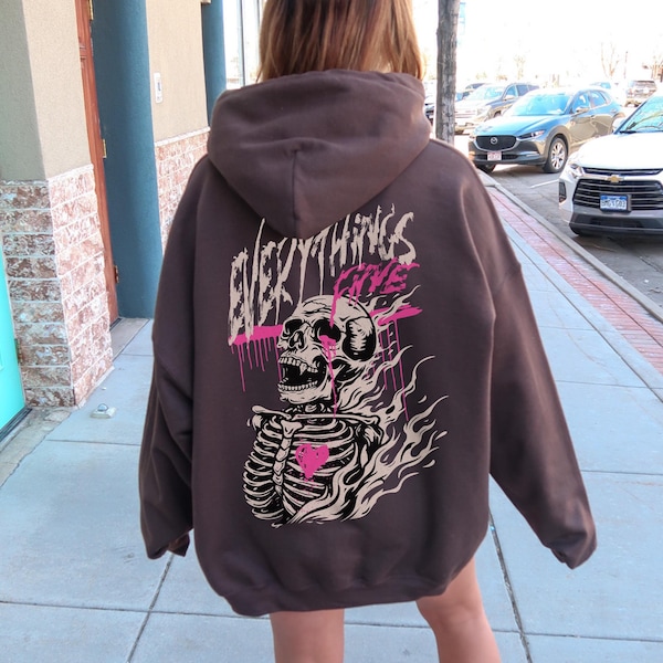 Everything's Fine Skeleton Hoodie, Streetwear Hoodie, Oversized Y2K Sweatshirt, Punk Grunge Skull, Graffiti Moto, Vintage Graphic, Unisex
