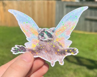 Raccoon Fairy Sticker, Sparkly Holographic Sticker, Fairycore, Funny Raccoon Lover Gift, Waterproof, Meme Sticker, Weird Gift for Her