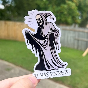 It Has Pockets Sticker, Funny Halloween, Vintage Grim Reaper, Horror Lover Gift, Waterproof, Cute Goth, Witchy, Laptop Sticker, Water Bottle