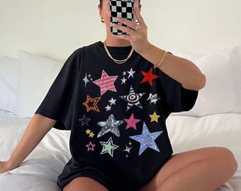 Stars Statement-T-shirt, bohoshirt met zachte grunge, Y2K oversized streetwear, Celestial Festival-outfit, Cool It Girl, jaren 90 Alt-kleding, uniseks
