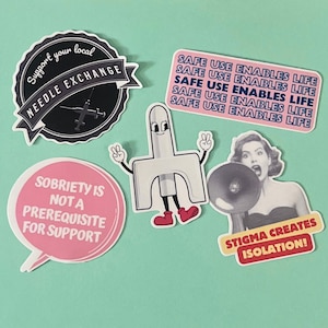 Harm Reduction Stickers, Set of 5 Bundle, Naloxone, Safe Use Saves Lives, Anti-Stigma, Activism, Overdose Awareness, Waterproof