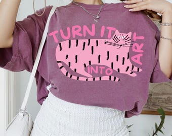 Turn It Into Art Cat-shirt, artist statement-T-shirt, schattig oversized, kunstzinnig, retro dopamine-dressing, eigenzinnige alt kleding, comfortabele kleuren uniseks