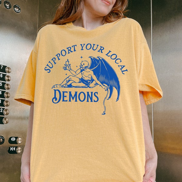 Support Your Local Demons Shirt, Funny Vintage Tee, Retro Occult Tee, Pagan Shirt, Demon Tee, Halloween Tshirt, Baphomet, Witchy Shirt, Goth