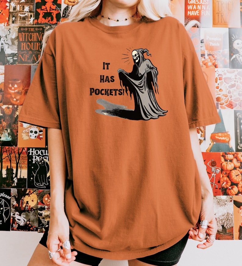 Grappig Halloween-shirt, het heeft zakken T-shirt Magere Hein, spookachtig seizoenscadeau, trendy meme-shirt, vintage gotisch T-shirt, gothic-cadeaus, herfstkleding afbeelding 5