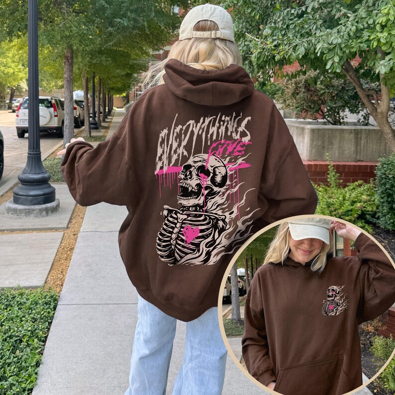Gildan 18500
Color: Dark Chocolate Brown
Text: Everything's Fine 
Image: Flaming Skeleton with Pink Graffiti
Trendy Graphic Women, Gift for Girlfriend, Skull, Flaming, Preppy, Alternative, Over Sized