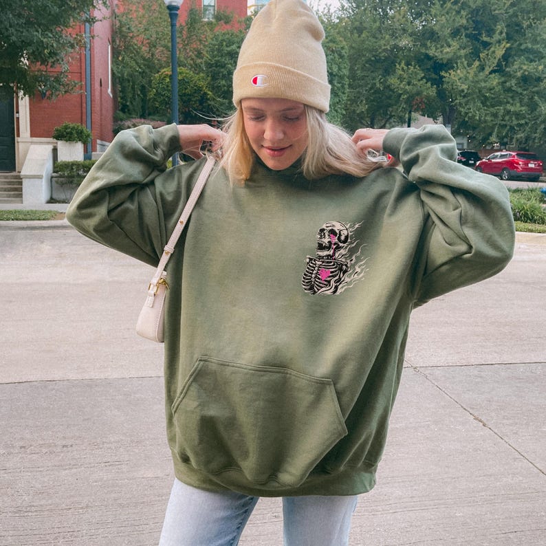 Gildan 18500
Color: Military Green
Text: Everything's Fine 
Image: Flaming Skeleton with Pink Graffiti