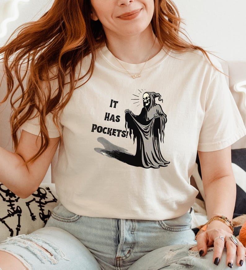 Grappig Halloween-shirt, het heeft zakken T-shirt Magere Hein, spookachtig seizoenscadeau, trendy meme-shirt, vintage gotisch T-shirt, gothic-cadeaus, herfstkleding afbeelding 2