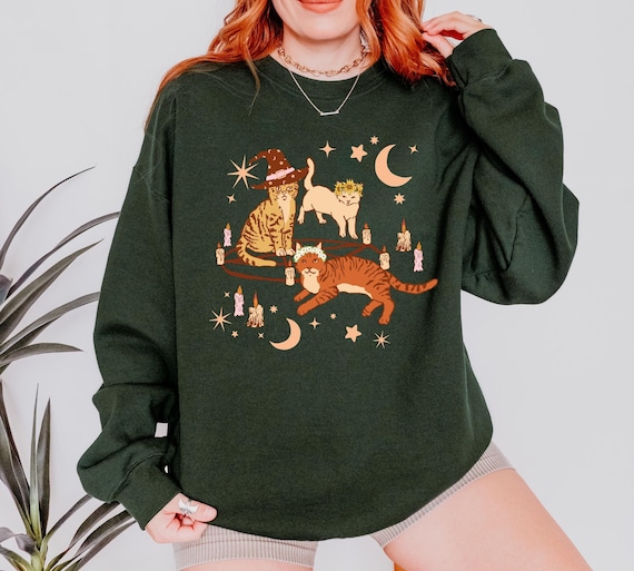 Witchy Kitten Sweatshirt, Cute Whimsigoth, Vintage Halloween Hoodie, Fall Sweater, Celestial Cat Mom Gift, Cottagecore, Whimsy Outfit Unisex