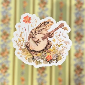 Cottagecore Frog Sticker, Peaceful Botanical Frog Playing Banjo, Frog Lover Gift, Forestcore Stickers, Frog and Toad, Fairycore Sticker