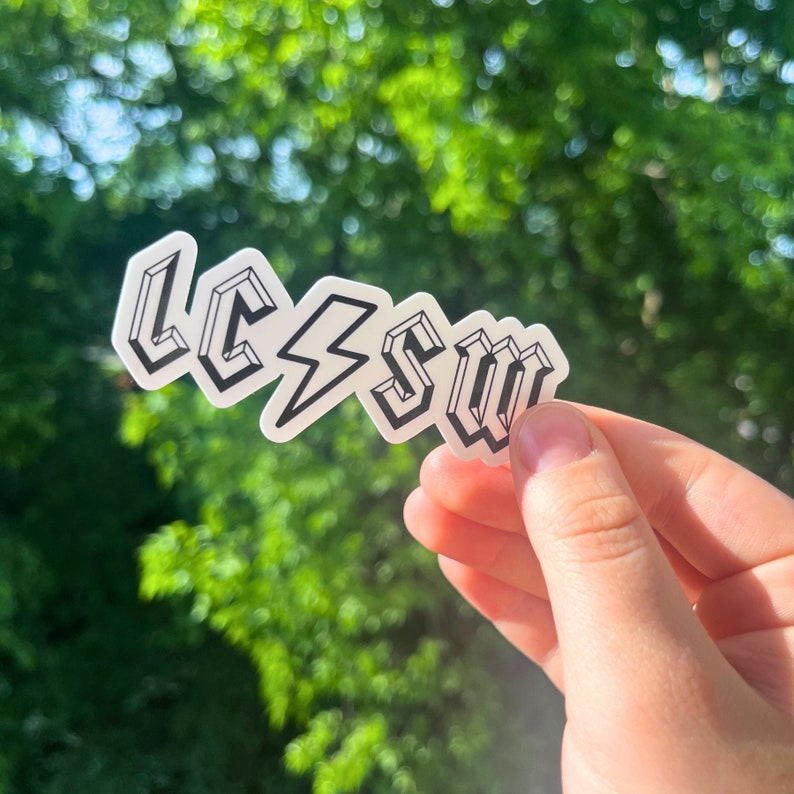 LCSW in ACDC font, thunderbolt, matte or holographic design, waterproof sticker, LCSW graduation gift, gift for therapist, gift for social worker