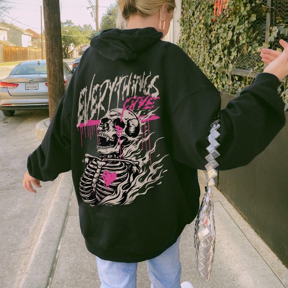 Everything's Fine Skeleton Hoodie, Cute Streetwear Hoodie, Oversized Y2K Sweatshirt, Punk Grunge Skull, Moto Edgy, Vintage Graphic, Unisex