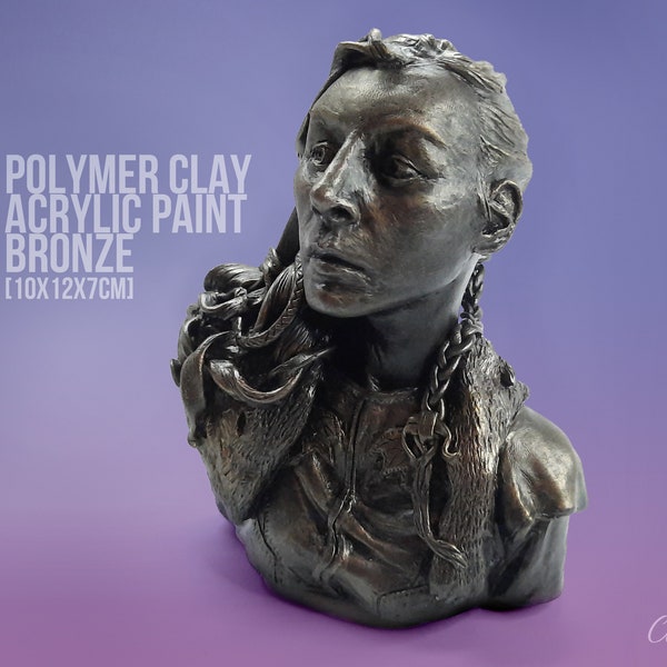 Lagertha, viking, sculpture, buste en argile polymère, peint à l'acrylique, couleur bronze