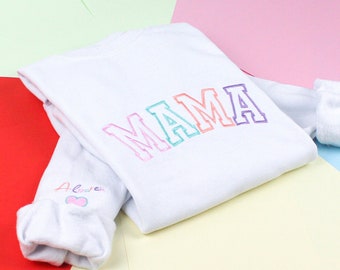 Embroidered Mama Sweatshirt, Mothers Day Gift, Personalized Mom Sweatshirt On Sleeve with Kids Name, New Mom Gift, Colorful Cool Mom Sweater