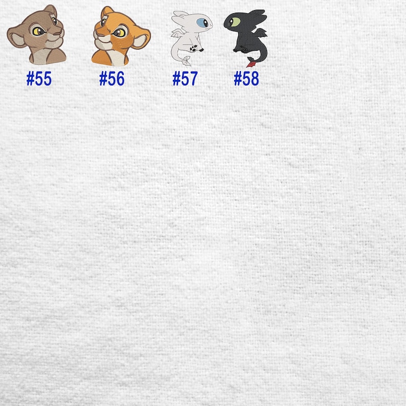 May include: Four cartoon character designs are displayed on a white background. The characters include two lion cubs and two dragons. Each character has a number below it: #55, #56, #57, and #58. The lion cubs are brown and orange. The dragons are white and black.