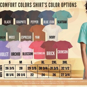 The image is a collage of various colored t-shirts, with a woman standing next to the shirts. The collage includes a list of different colored t-shirt options and their corresponding sizes, as well as a table with size information.