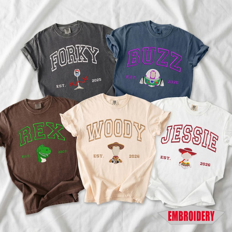 Custom Toy Story Character Embroidered T-Shirt, Retro Varsity Style Disney Family Vacation Shirt image 1