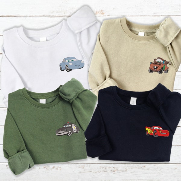 Mcqueen Sally Sweatshirt, Gift for Friends, Cars Movie Embroidered Couple Sweatshirt, Cartoon Cars Characters Crewneck