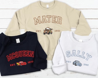 Sudadera Mcqueen Sally, sudadera de pareja bordada de película de coches, cuello redondo de personajes de coches, regalo personalizado de amigos, sudor divertido de dibujos animados