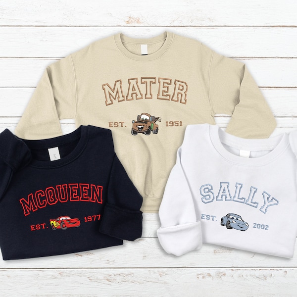 Sudadera Mcqueen Sally, sudadera de pareja bordada de película de coches, cuello redondo de personajes de coches, regalo personalizado de amigos, sudor divertido de dibujos animados