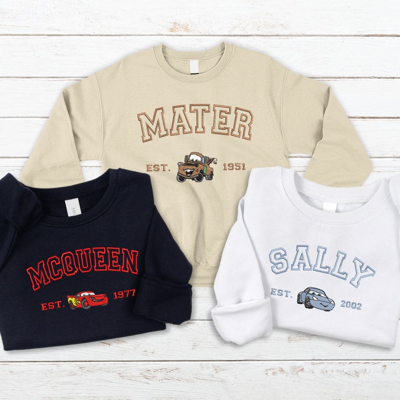 Mcqueen Sally Sweatshirt, Cars Movie Embroidered Couple Sweatshirt, Cars Characters Crewneck, Personalized Friends Gift, Cartoon Funny Sweat image 1