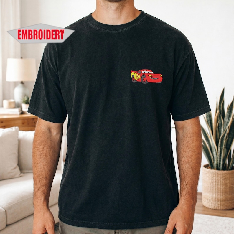 embroidered black comfort colors t-shirt with mcqueen car