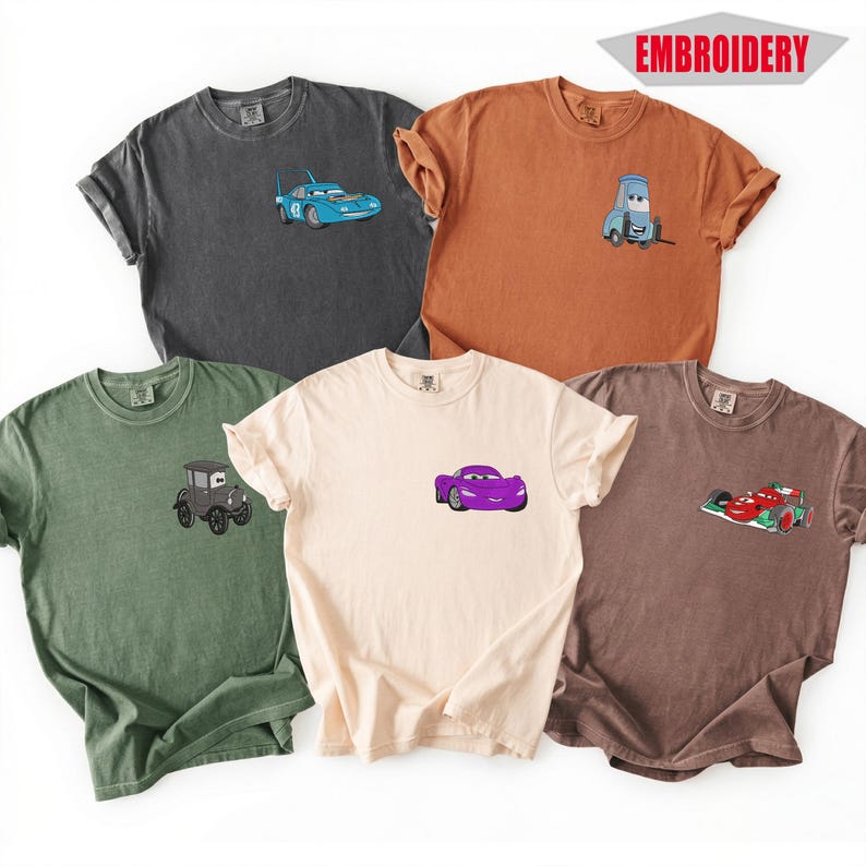 embroidered disney cars characters comfort colors t-shirt