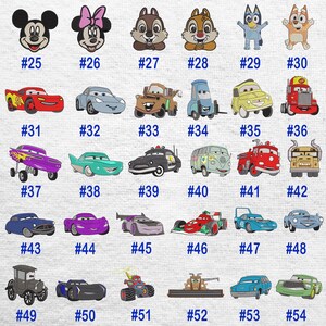May include: A collection of embroidered patches featuring cartoon characters and vehicles. The patches include Mickey Mouse, Minnie Mouse, Chip and Dale, Bluey, Lightning McQueen, and various car designs. Each patch is numbered.