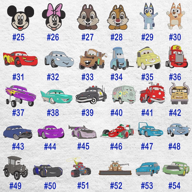 May include: A collection of embroidered patches featuring cartoon characters and vehicles. The patches include Mickey Mouse, Minnie Mouse, Chip and Dale, Bluey, Lightning McQueen, and various car designs. Each patch is numbered.