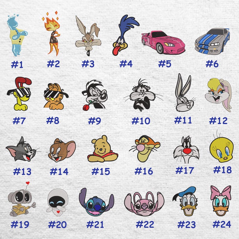 May include: A collection of embroidered patches featuring various cartoon characters. The patches include characters like Bugs Bunny, Tom and Jerry, Winnie the Pooh, and others. Each patch is numbered for easy selection.
