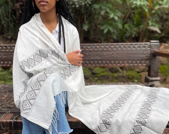 Queen Taitu handwoven Ethiopian cotton and silk shawl