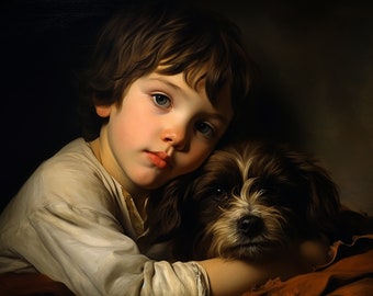 Boy and puppy, HD,Large Print Jpg A4 A3 Home Stock Photos Royalty Free, Digital print, Digital Download