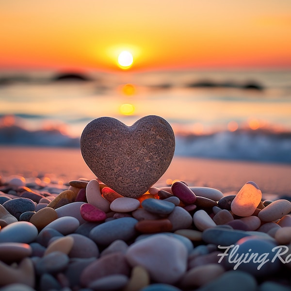 Sunset, Beach, Heart, Stones, HD, Large Print Jpg A4 A3 Home Stock Photos Royalty Free, Digital print, Digital Download