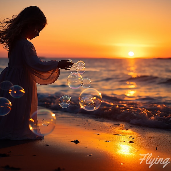 Child, Soap bubble, Sunset, Beach, HD, Large Print Jpg A4 A3 Home Stock Photos Royalty Free, Digital print, Digital Download