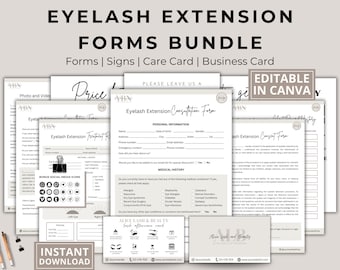 Eyelash Extension Forms Business Bundle, Editable Lash Consent Templates, Esthetician Forms, Client Record, Lash Forms, Lash Tech Aftercare